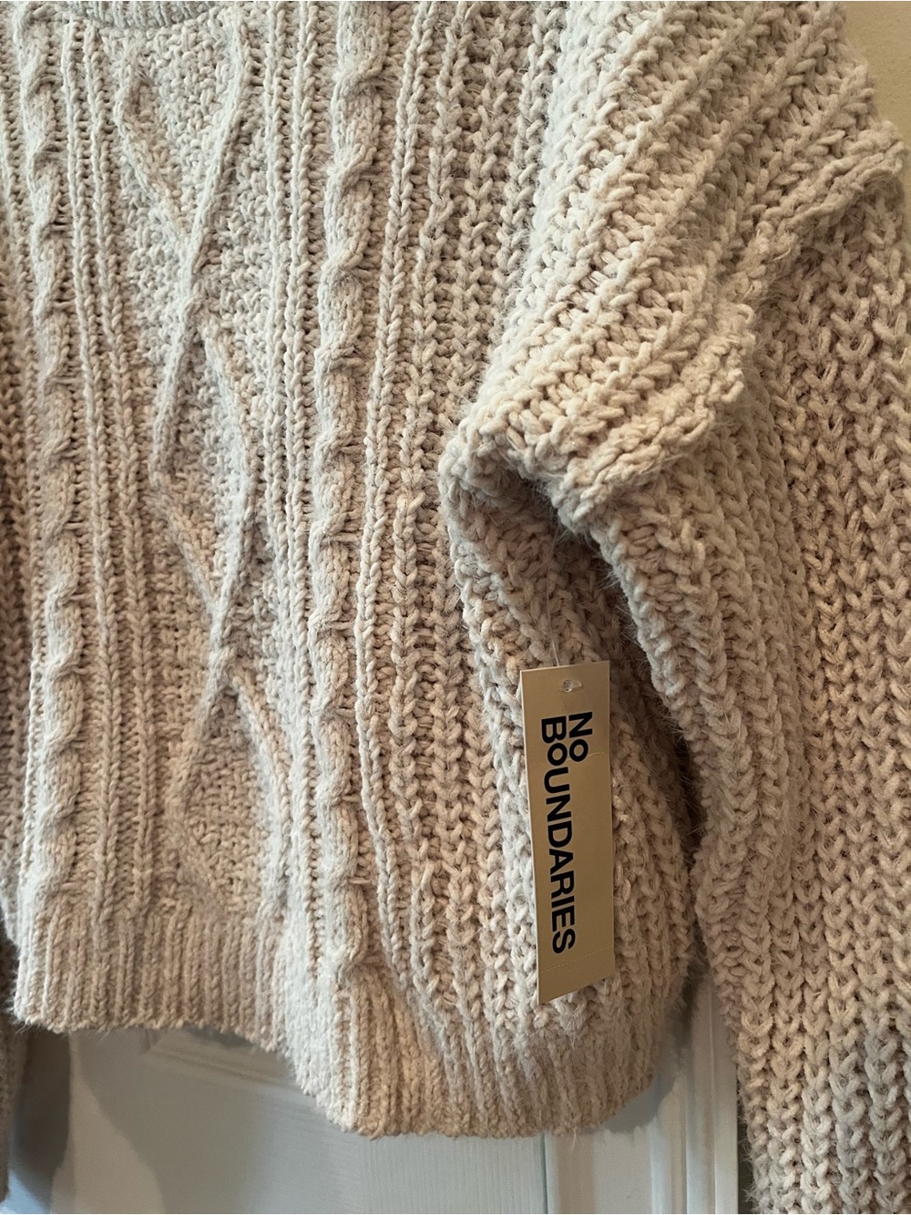 NWT No Boundaries Cream Cable-Knit Crewneck Sweater - Picture 2 of 4